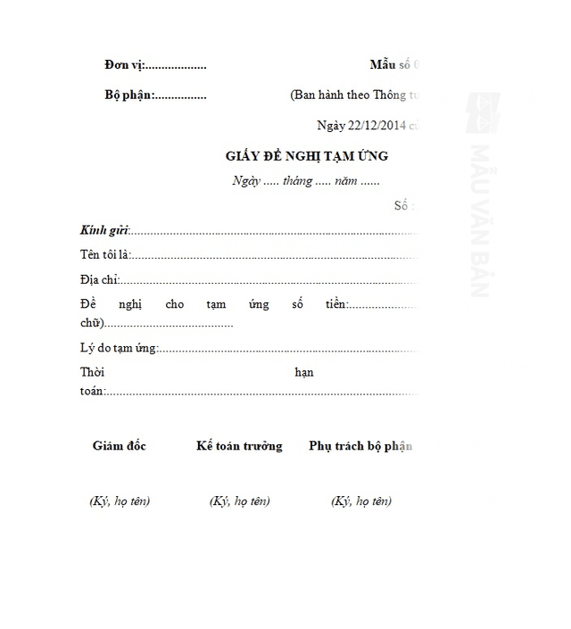 Mẫu phiếu tạm ứng tiền mặt