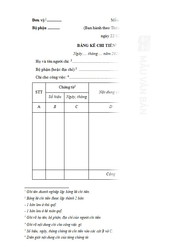 Bảng kê thanh toán