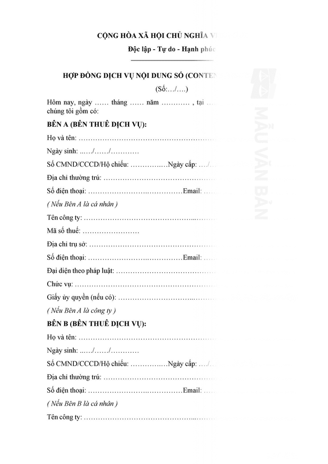 Hợp đồng dịch vụ nội dung số (content, video, media)