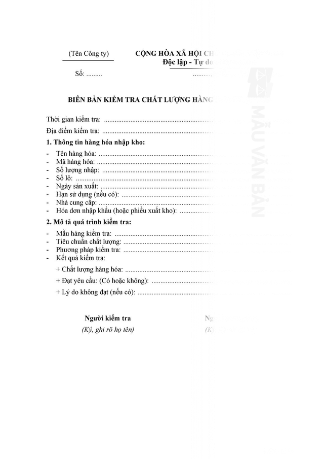 Biên bản kiểm tra chất lượng hàng hóa nhập kho
