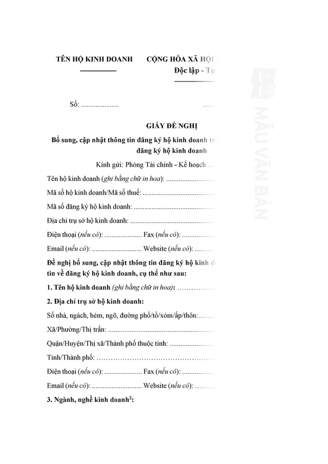 Giấy đề nghị Bổ sung, cập nhật thông tin đăng ký hộ kinh doanh trong hệ thống thông tin về đăng ký hộ kinh doanh