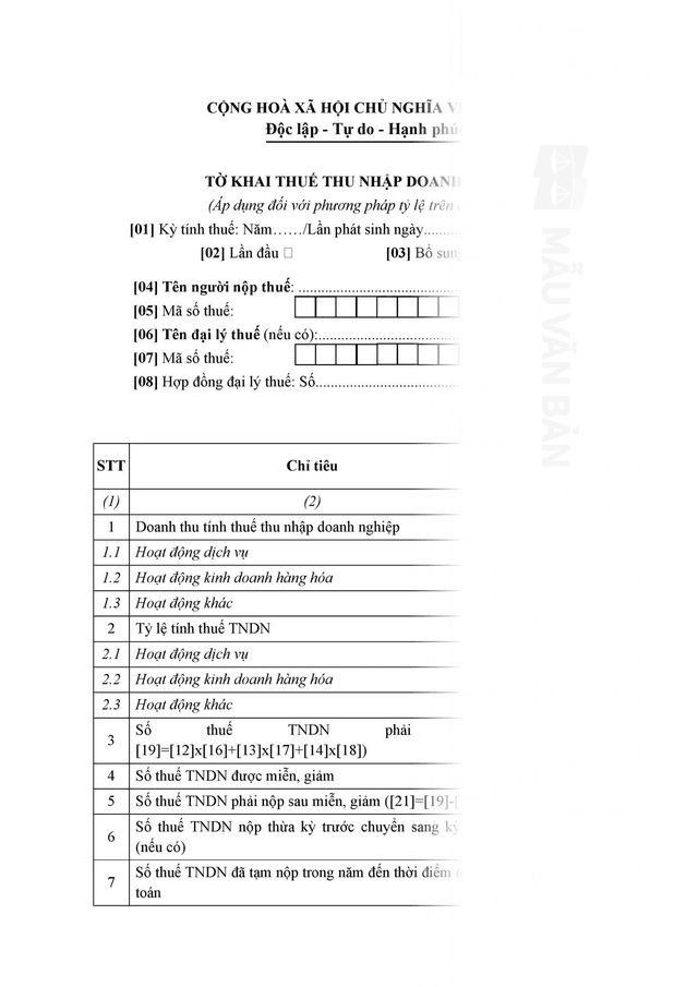Mẫu tờ khai thuế thu nhập cá nhân dành cho hộ kinh doanh cá thể