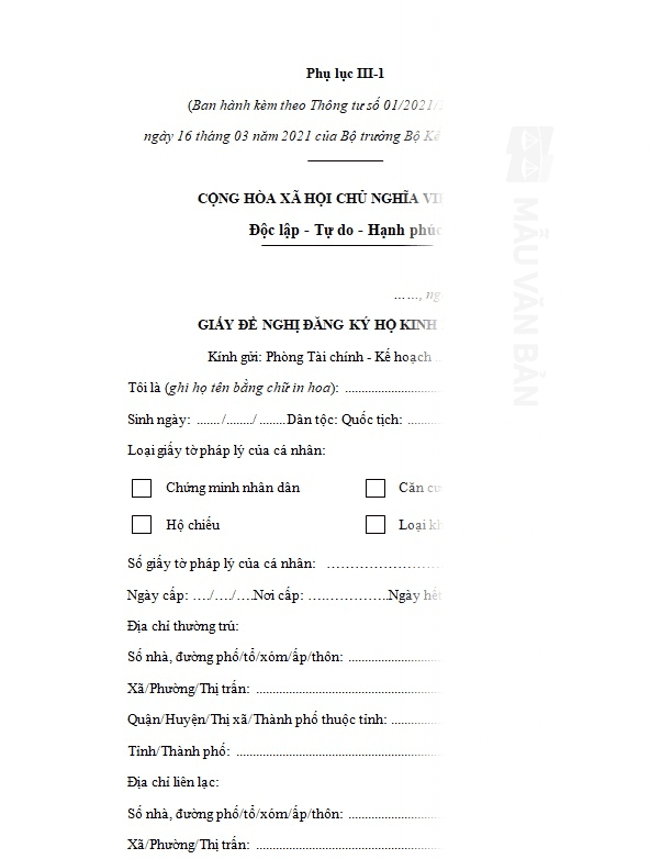 Mẫu Giấy đề nghị đăng ký hộ kinh doanh
