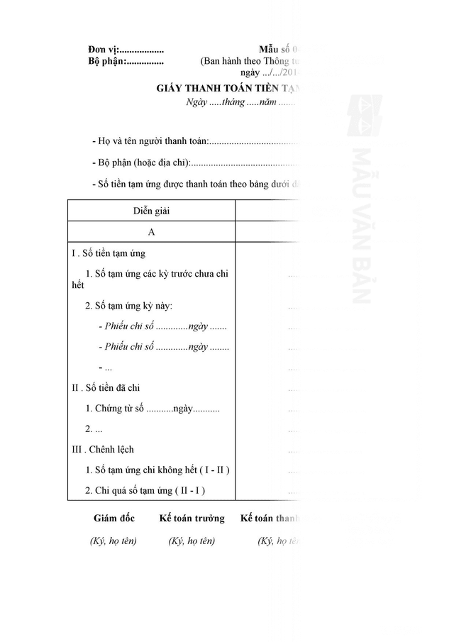 Mẫu giấy đề nghị hoàn ứng