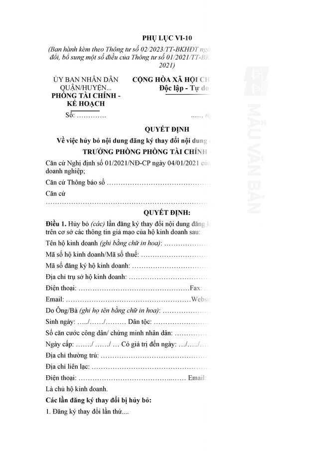 Quyết định hủy bỏ nội dung đăng ký thay đổi nội dung đăng ký hộ kinh doanh