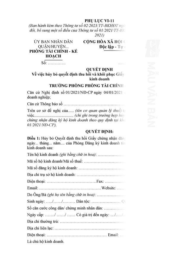 Quyết định hủy bỏ quyết định thu hồi và khôi phục Giấy chứng nhận đăng ký hộ kinh doanh