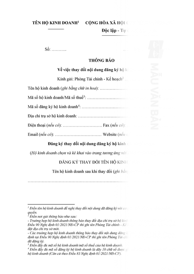 Thông báo thay đổi ngành nghề kinh doanh của hộ kinh doanh