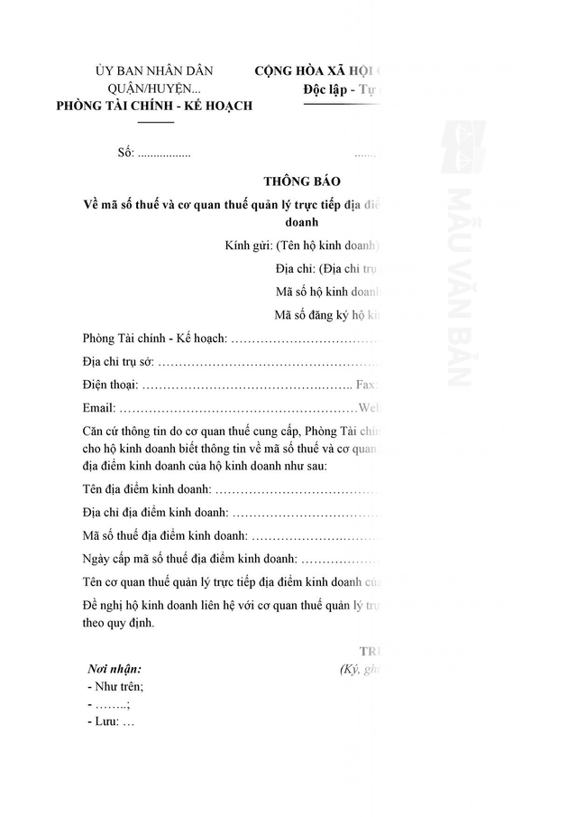 Thông báo về mã số thuế và cơ quan thuế quản lý trực tiếp địa điểm kinh doanh của hộ kinh doanh