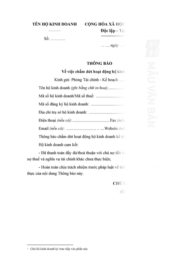 Thông báo về việc chấm dứt hoạt động hộ kinh doanh
