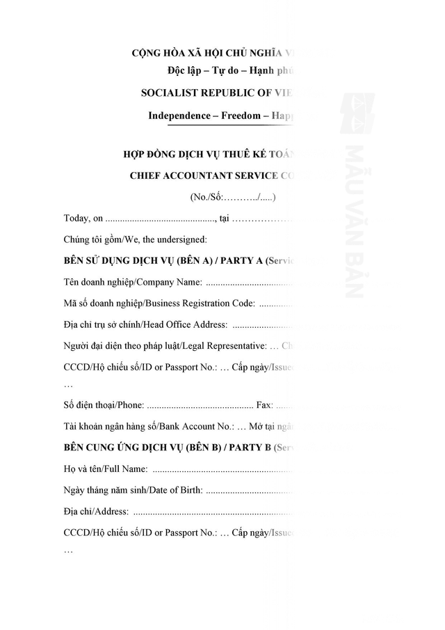 Mẫu hợp đồng thuê dịch vụ làm kế toán trưởng song ngữ