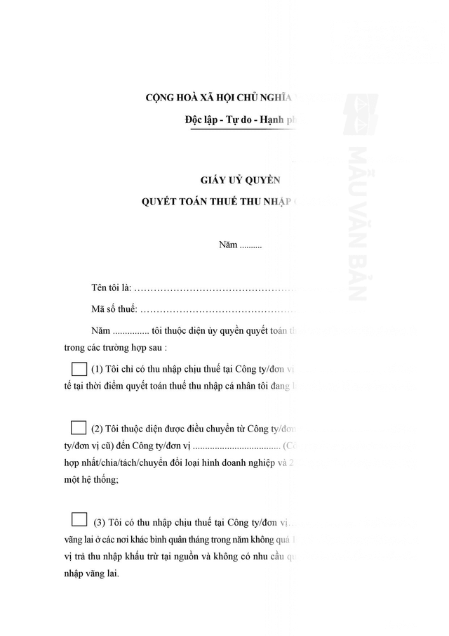 Giấy uỷ quyền quyết toán thuế thu nhập cá nhân