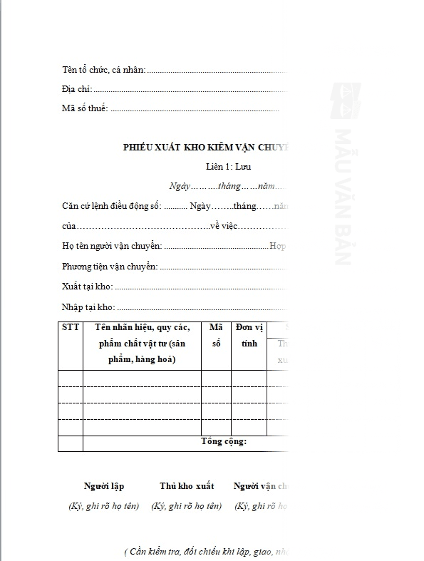Mẫu phiếu xuất kho kiêm vận chuyển nội bộ