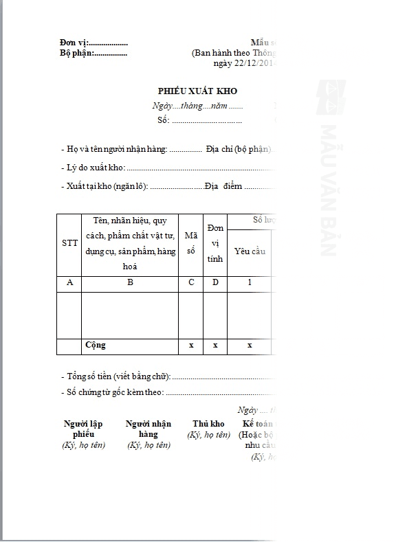 Mẫu phiếu xuất kho bán hàng
