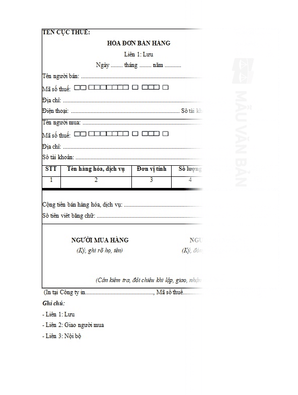 Mẫu hóa đơn thanh toán tiền
