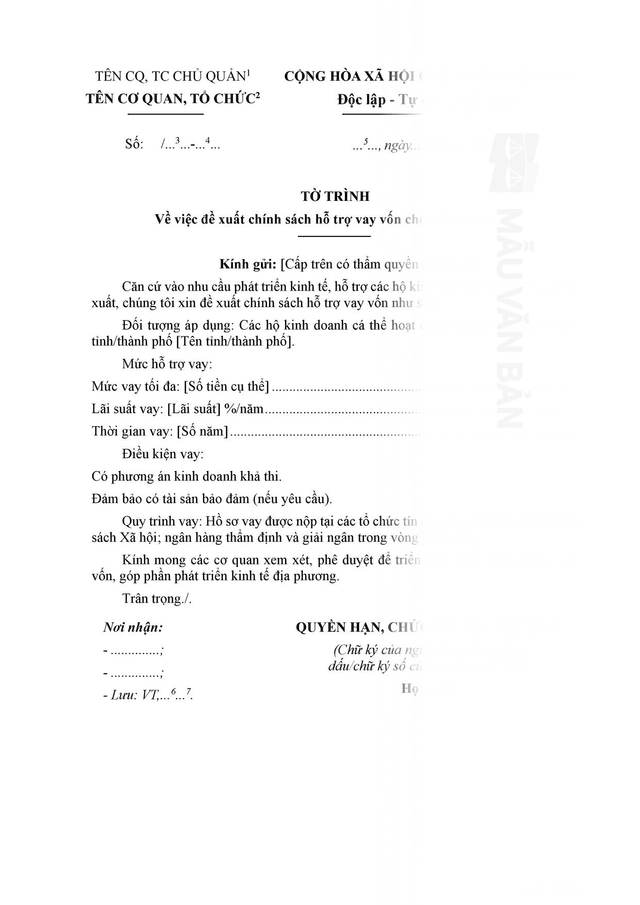 Tờ trình đề xuất chính sách hỗ trợ vay vốn cho hộ kinh doanh