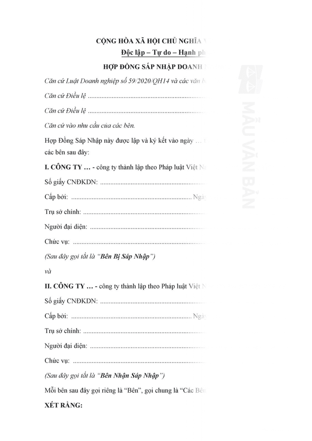 Mẫu hợp đồng sáp nhập doanh nghiệp