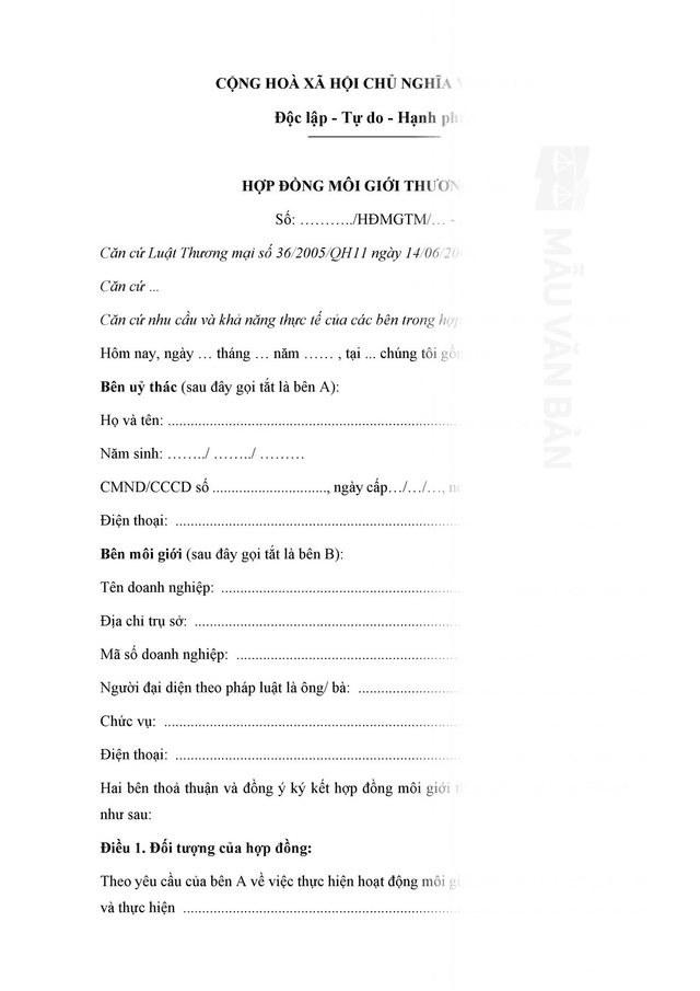 Mẫu hợp đồng môi giới với cá nhân