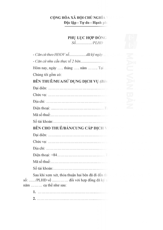 Mẫu phụ lục hợp đồng dịch vụ
