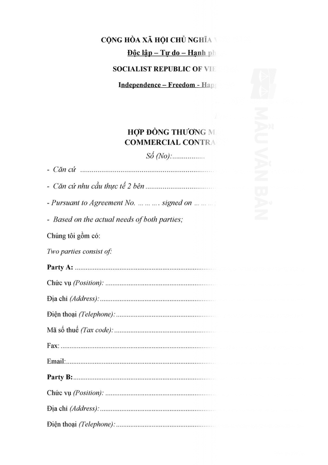 Mẫu hợp đồng thương mại song ngữ anh việt