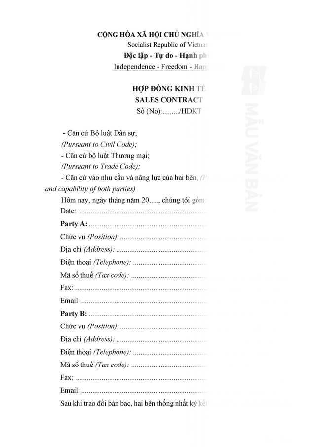 Mẫu hợp đồng kinh tế song ngữ anh việt