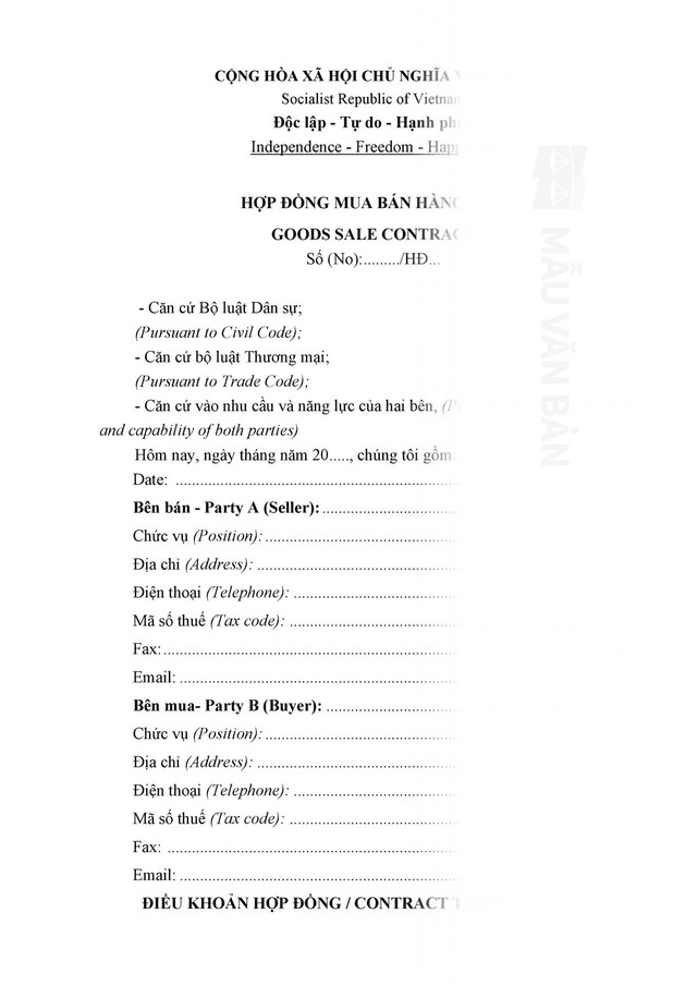 Hợp đồng mua bán hàng hóa song ngữ
