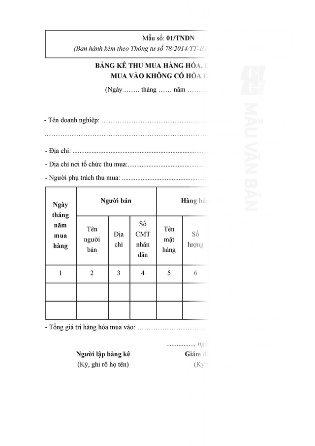 Mẫu bảng kê mua hàng không có hóa đơn